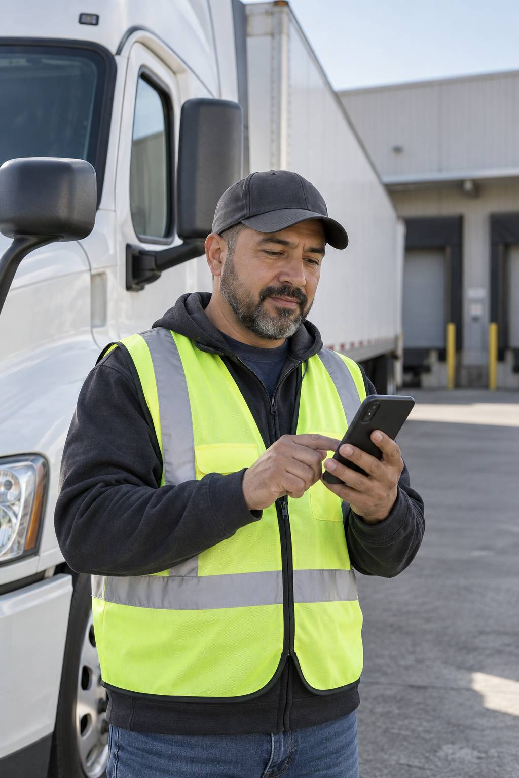 Commercial truck driver completing a verification beside the assigned equipment