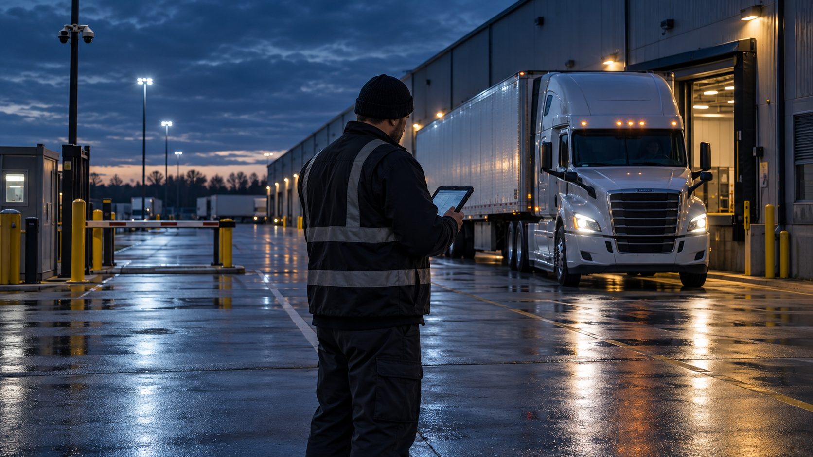 A dock operations professional using a tablet beside an arriving tractor-trailer at a warehouse handoff
